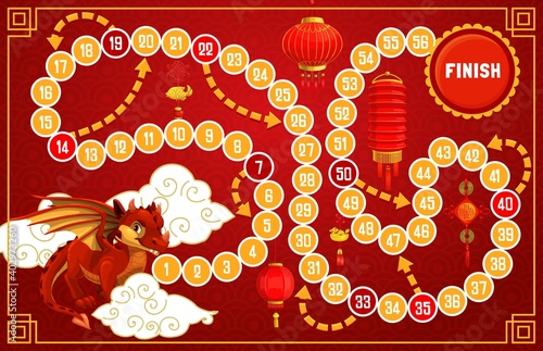 Child board game with Chinese New Year symbols. Children playing activity, kids roll and move boardgame. Paper lanterns, Chinese zodiac dragon character and lucky charms amulets with tassels vector