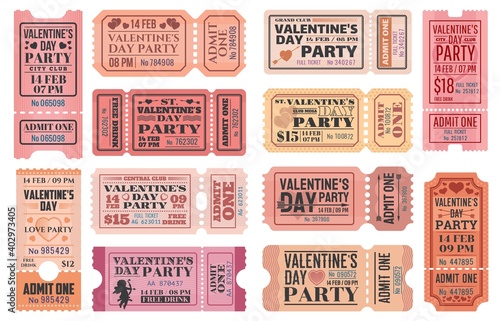 Valentines Day party ticket vector templates with love holiday Cupids, red hearts, arrows and bows. Romantic event admit one coupons, admission cards and invitation retro design photo