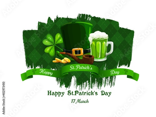 St Patricks Day Irish holiday vector design with clover, leprechaun hat, gold and green beer, shamrock leaves, celtic elf treasure golden coins and smoking pipe. Ireland spring festival celebration