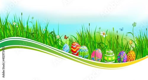 Easter eggs on green wave of grass and flowers, religion holiday vector banner. Easter egg hunt spring field with grass blades, blooming herbs and flying butterflies, daffodils and chamomiles