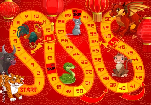 New Year holiday boardgame for kids with Chinese calendar animals. Child roll and move board game template with zodiac cycle cock, rat and dragon, ox, tiger and snake, monkey cartoon characters vector