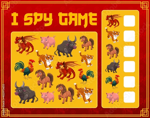 Children I spy game with chinese calendar animals. Children counting game, educational activity and child math exercise or riddle. Dragon, pig and ox, horse, tiger and cock cartoon characters vector