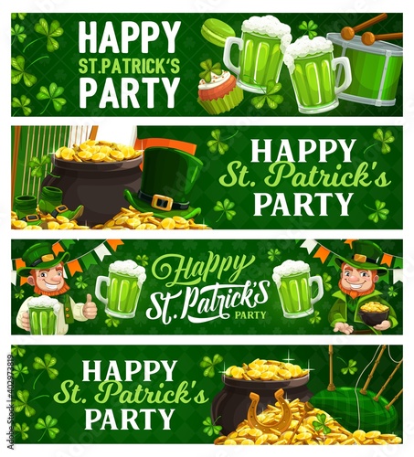 St. Patricks Day cartoon banners. Vector leprechaun in green top hat hold pot with gold coins and pint of Irish ale. Saint Patrick day traditional festival, celtic party cards with shamrock, bagpipe