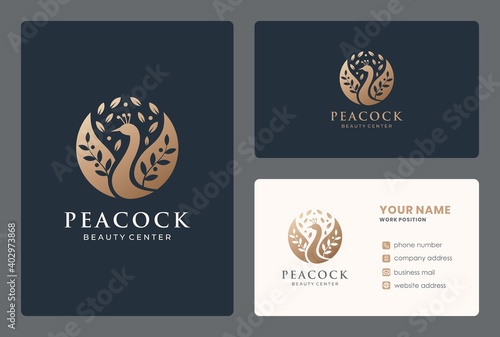 peacock brach  logo design with business card for beauty salon, spa, wellness, meditaion, massage.