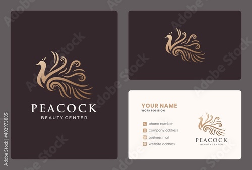 elegant illustration peacock logo design with business card for beauty salon, spa, wellness, meditaion, massage.