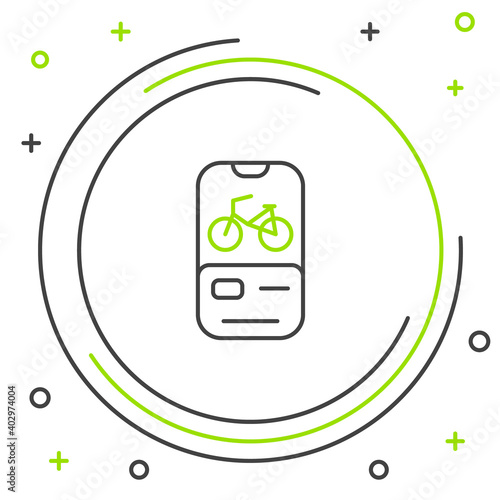 Line Bicycle rental mobile app icon isolated on white background. Smart service for rent bicycles in the city. Mobile app for sharing system. Colorful outline concept. Vector.