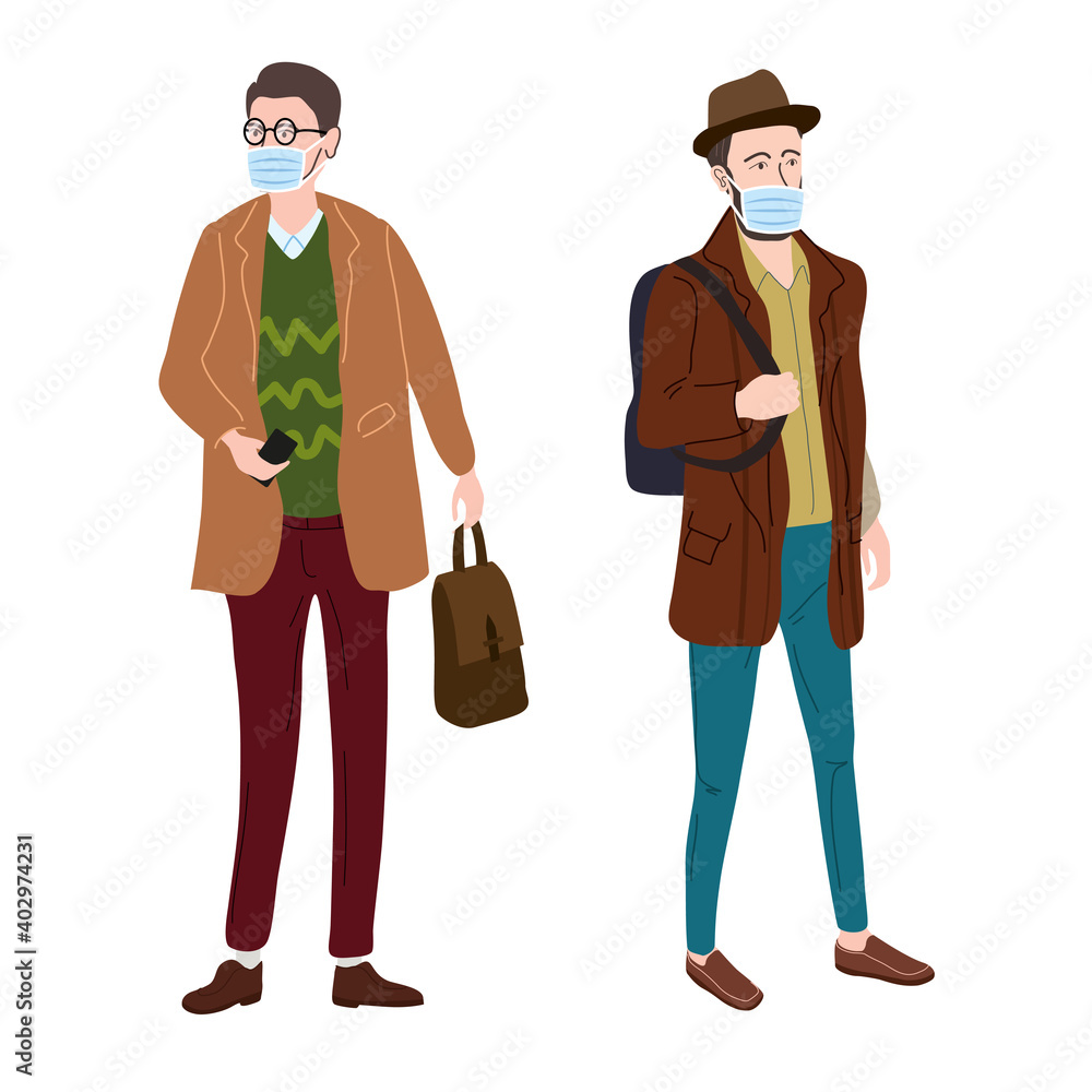 Set Young mans students in modern autumn trendy clothes. In medical mask, individual protection from viruses, smog, vapor. Fashion casual outerwear street style character. Flat cartoon style vector Set Young mans students in modern autumn trendy clothes. In medical mask, individual protection from viruses, smog, vapor. Fashion casual outerwear street style character. Flat cartoon style vector