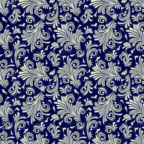 Seamless blue background with beige pattern in baroque style. Vector retro illustration. Ideal for printing on fabric or paper for wallpapers, textile, wrapping. 