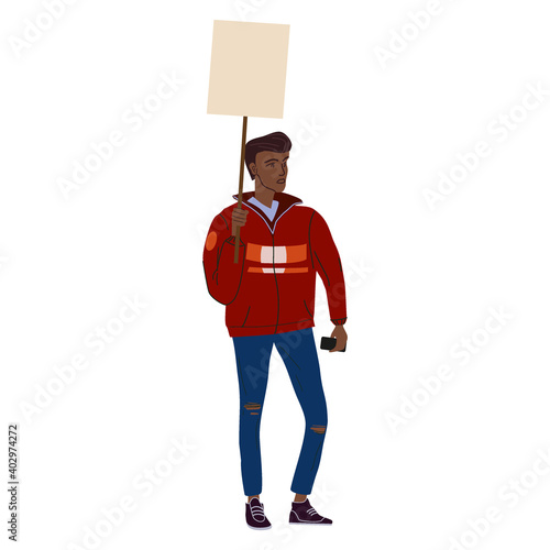 Protester black man holding empty banner. Activist protesting, political meeting, strike human rights. Vector illustration
