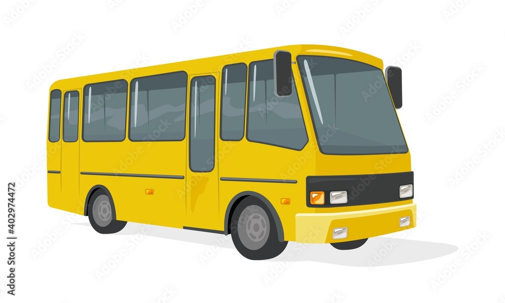 Yellow big bus with comfortable seats, runs on city routes. Vector urban transportation, regular transfer, bus driver, modern vehicle design isolated on white background