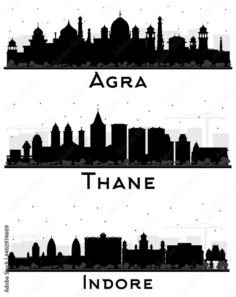 Indore, Thane and Agra India City Skyline Silhouettes Set.