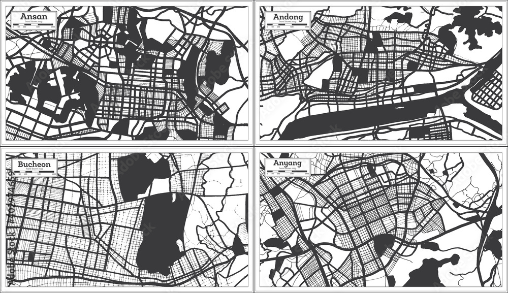 Naklejka premium Bucheon, Andong, Anyang and Ansan South Korea City Maps Set in Black and White Color in Retro Style.