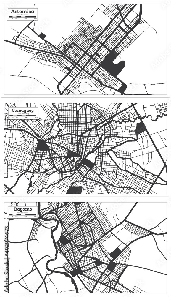Bayamo, Artemisa and Camaguey Cuba City Map Set.
