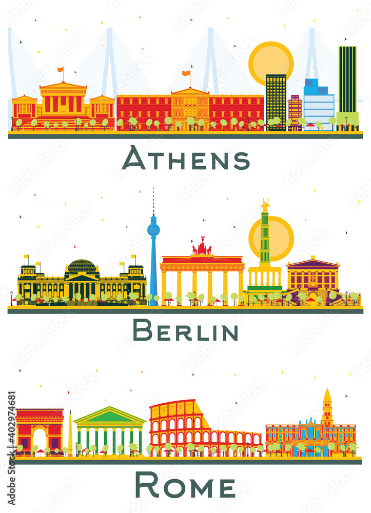 Rome Italy, Berlin Germany and Athens Greece City Skylines Set with Color Buildings Isolated on White.