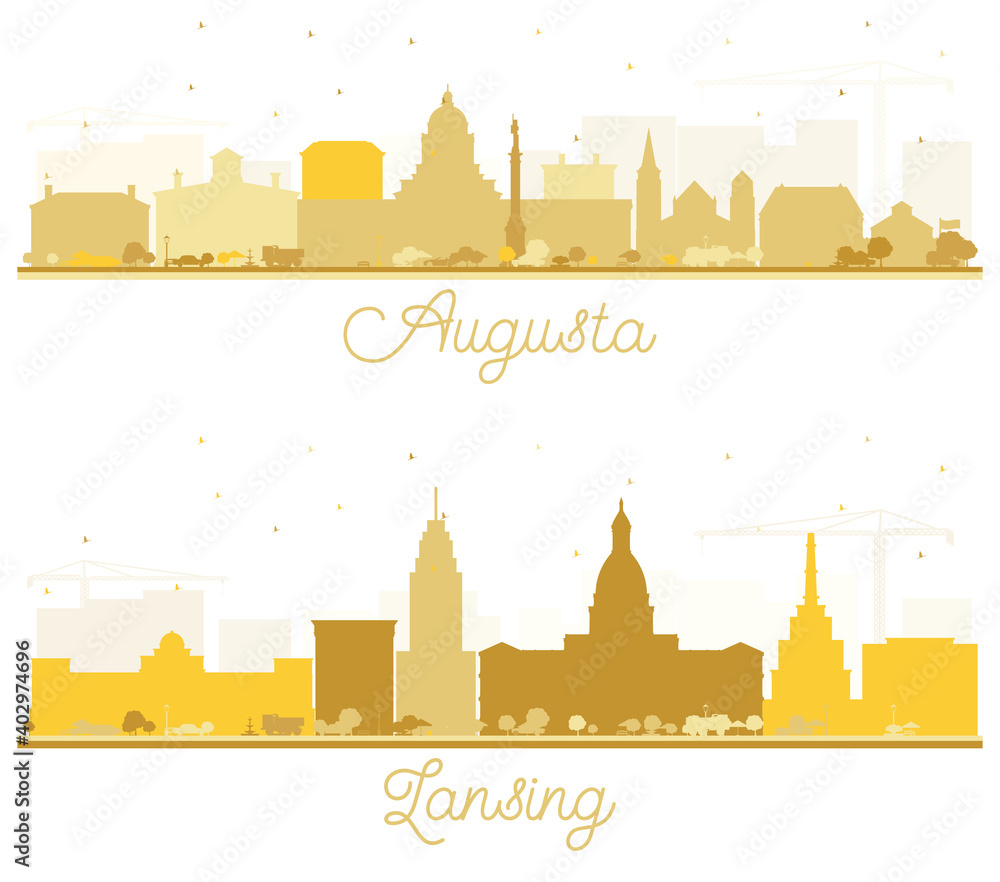 Lansing Michigan and Augusta Maine City Skyline Silhouettes Set.