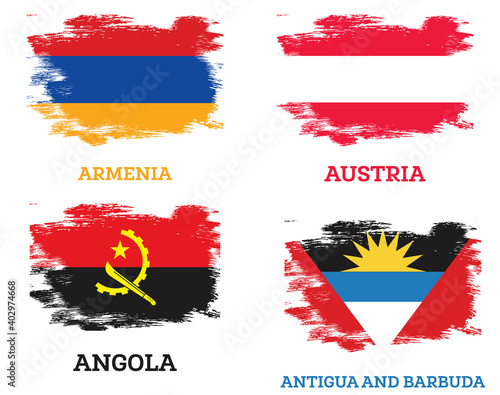 Angolan, Austrian, Antigua and Barbuda and Armenia Flags Set. photo