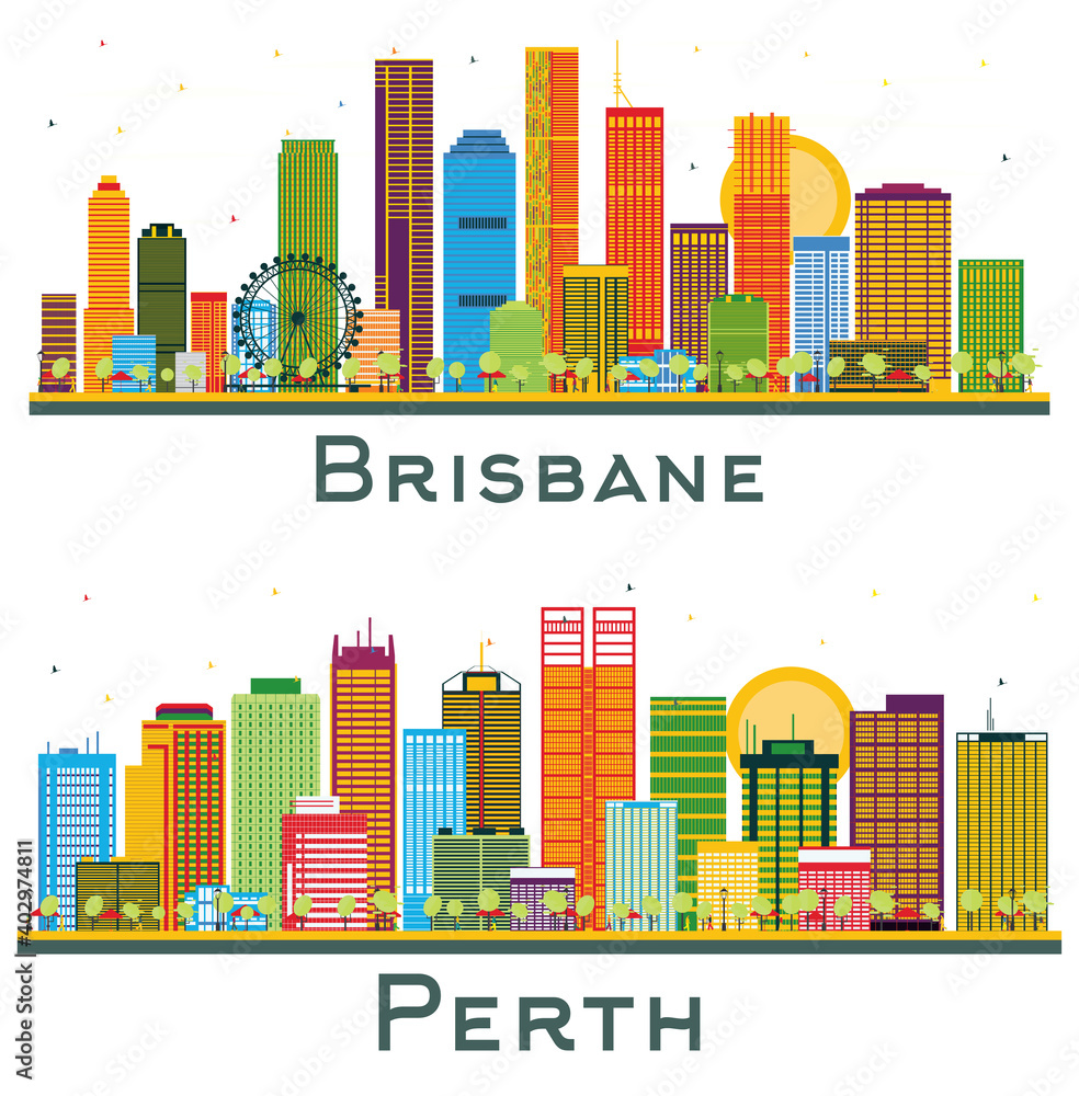 Brisbane and Perth Australia City Skyline Set.