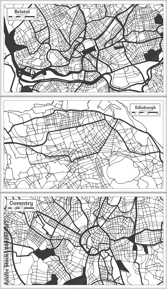 Edinburgh, Coventry and Bristol Great Britain City Map Set in Black and White Color in Retro Style.