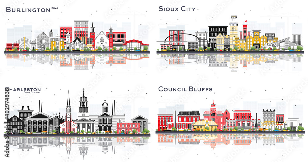 Fototapeta premium Charleston South Carolina, Sioux City, Council Bluffs and Burlington Iowa Skylines Set.