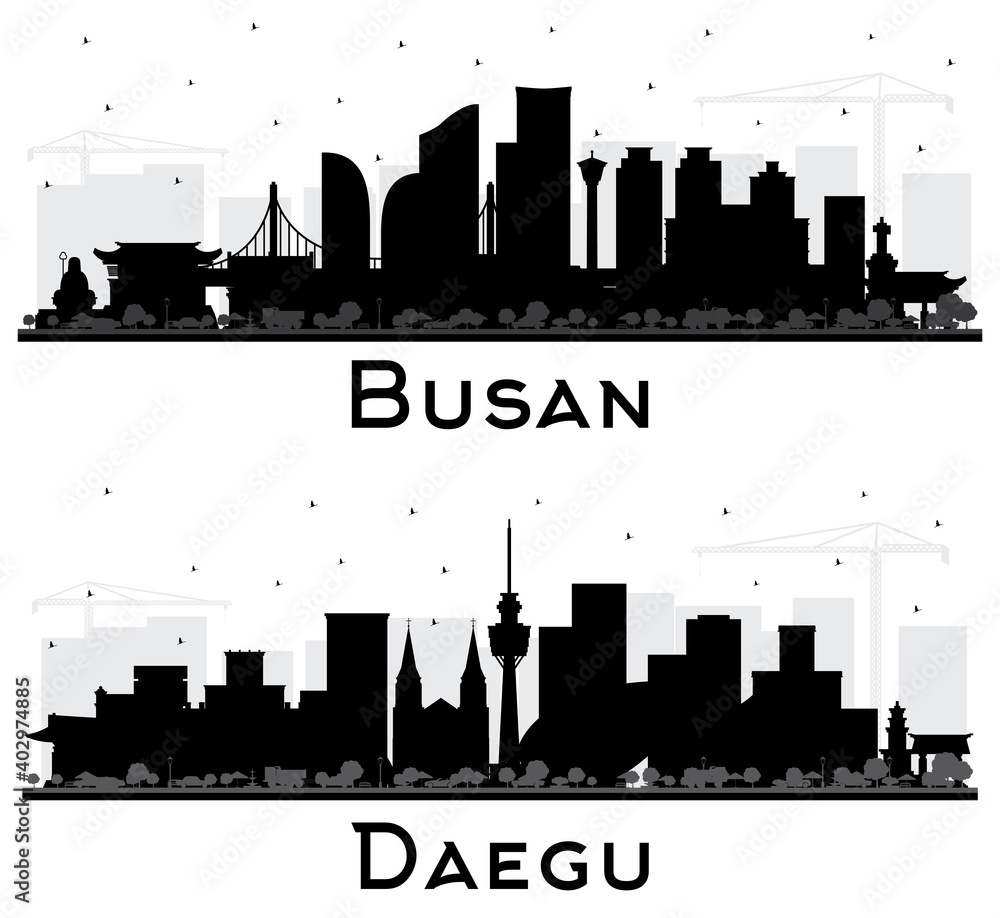 Daegu and Busan South Korea City Skyline Silhouettes Set.