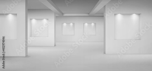 Empty gallery with empty niches with spotlights. Vector realistic interior of museum or studio room with shelves illuminated by lamps. Template for artwork exhibition