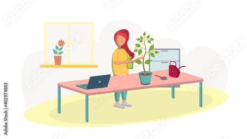 Girl sprays plants at home. Growing flowers in a flowerpot on the table. Online gardening training. Vector. Concept