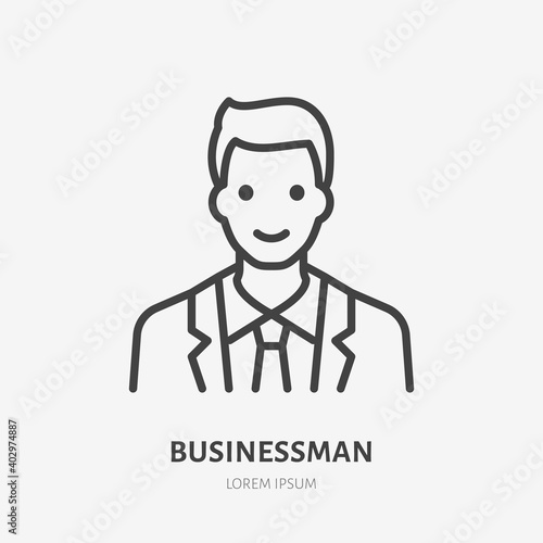 Businessman flat line icon. Vector outline illustration of man in suit. Black color thin linear sign for default simple profile
