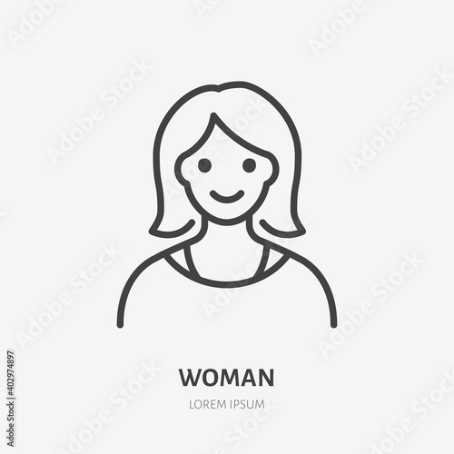 Woman flat line icon. Vector outline illustration of lady avatar. Black color thin linear sign for default simple profile