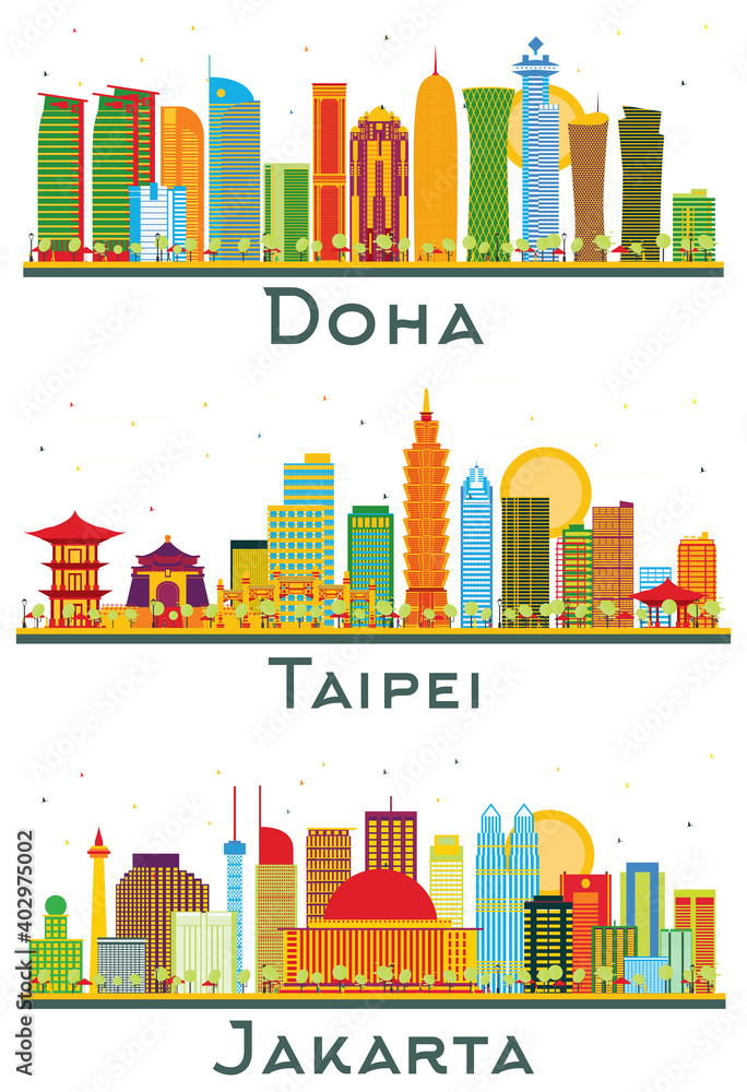 Taipei Taiwan, Jakarta Indonesia and Doha Qatar City Skyline Set. Taipei Taiwan, Jakarta Indonesia and Doha Qatar City Skyline Set.