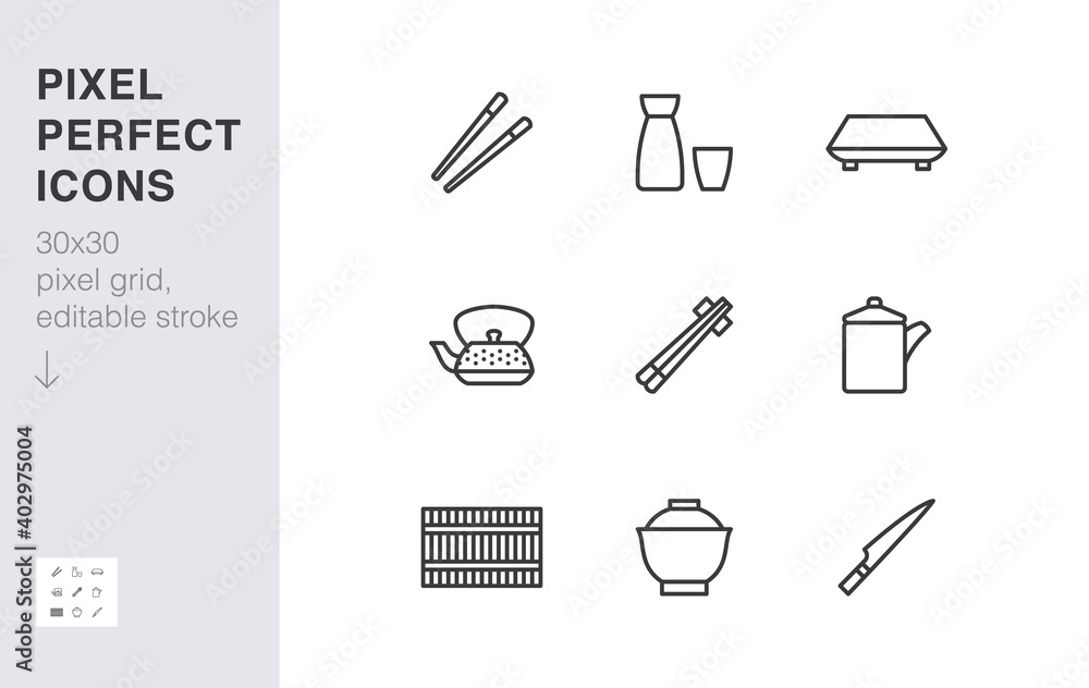 Japanese tableware line icon set. Chopsticks, sushi plate, sake, soup bowl, roll mat, soy sauce minimal vector illustration. Simple outline sign of asian food. 30x30 Pixel Perfect, Editable Stroke Japanese tableware line icon set. Chopsticks, sushi plate, sake, soup bowl, roll mat, soy sauce minimal vector illustration. Simple outline sign of asian food. 30x30 Pixel Perfect, Editable Stroke