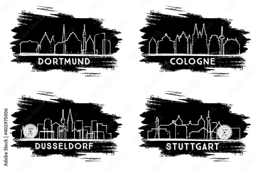 Dusseldorf, Cologne, Stuttgart and Dortmund Germany City Skyline Silhouettes Set. Hand Drawn Sketch.