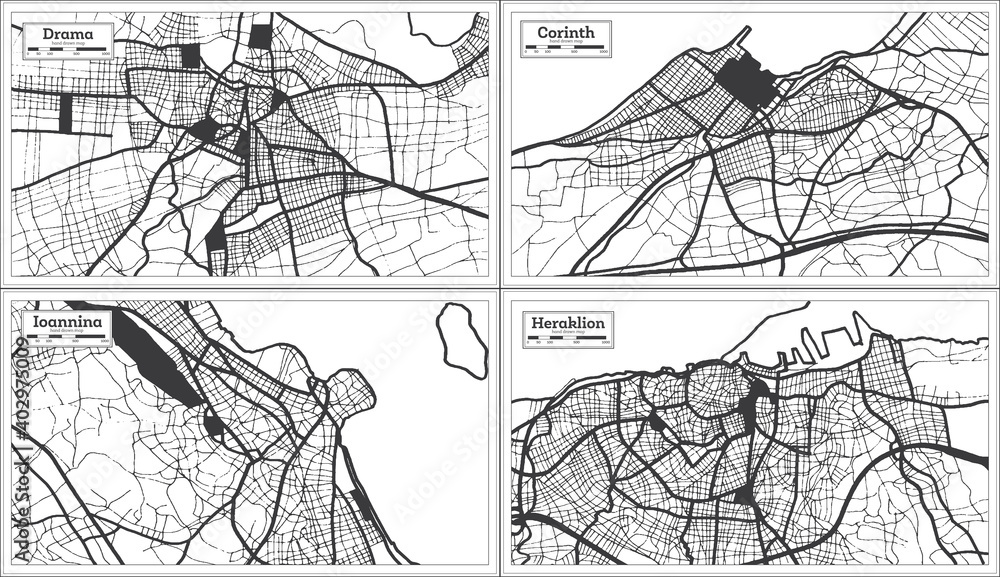 Obraz premium Ioannina, Corinth, Heraklion and Drama Greece City Maps Set in Black and White Color in Retro Style.