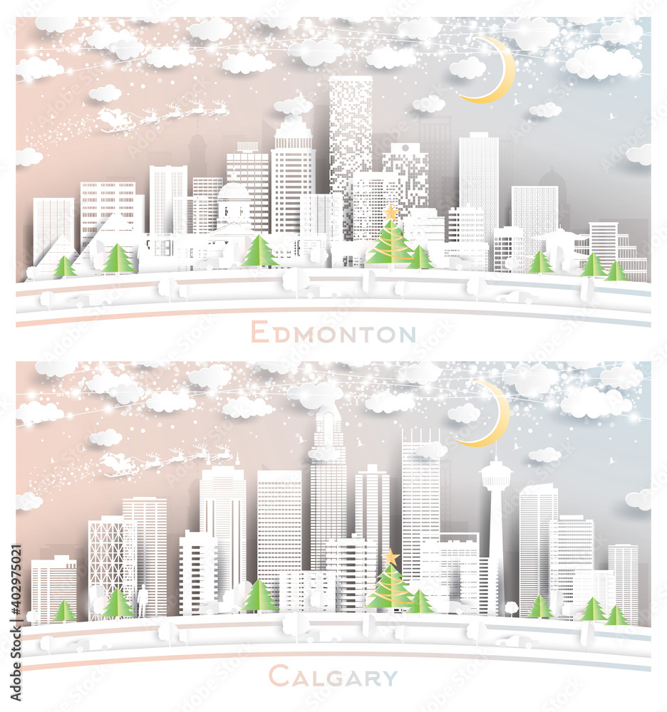 Fototapeta premium Calgary and Edmonton Canada City Skyline Set.