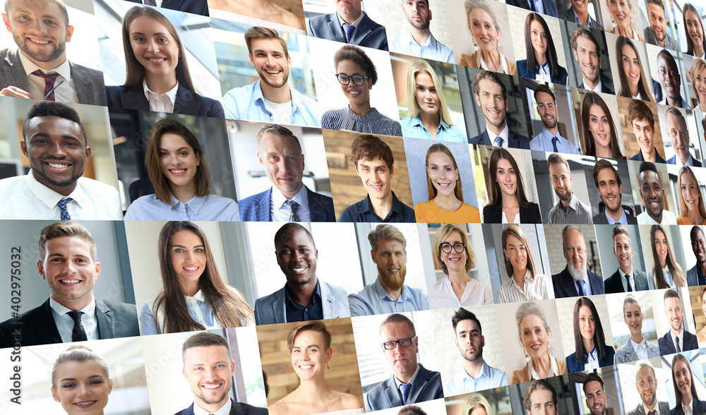Happy group of multiethnic business people men and women. Different young and old people group headshots in collage. Multicultural faces looking at camera. - obrazy, fototapety, plakaty 