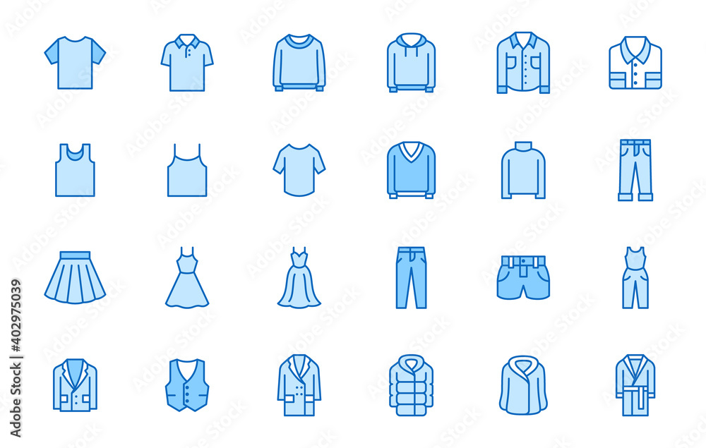 Clothing line icon set. Dress, polo t-shirt, jeans, winter coat, jacket pants, skirt minimal vector illustrations. Simple outline signs for fashion application. Blue color, Editable Stroke Clothing line icon set. Dress, polo t-shirt, jeans, winter coat, jacket pants, skirt minimal vector illustrations. Simple outline signs for fashion application. Blue color, Editable Stroke