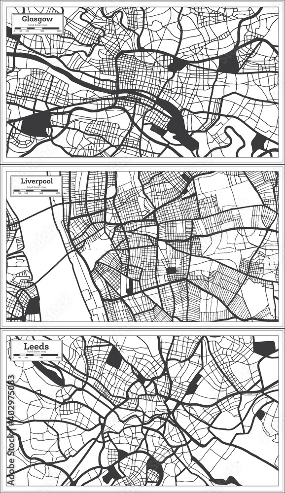 Liverpool, Leeds and Glasgow Great Britain City Map Set in Black and White Color in Retro Style.