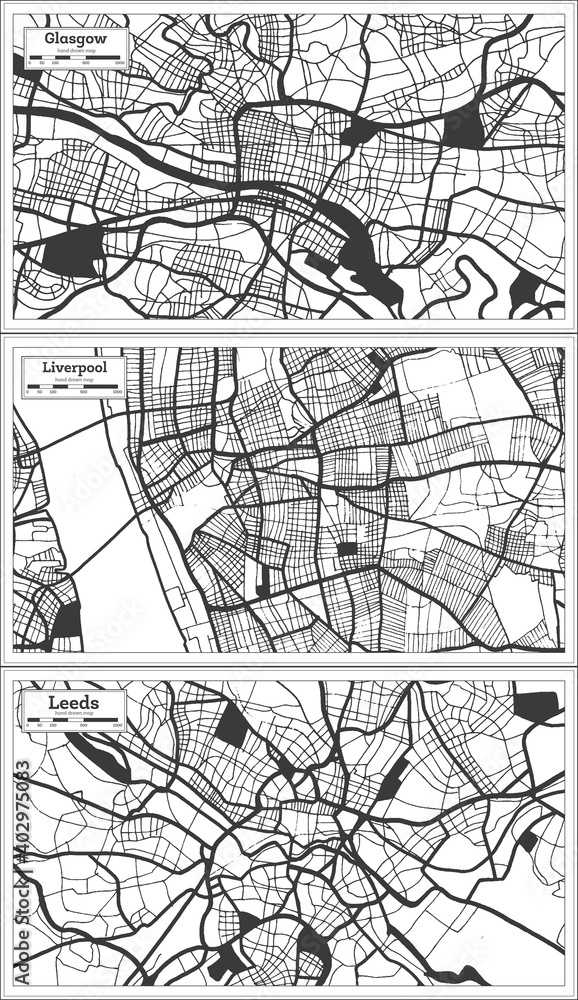 Naklejka premium Liverpool, Leeds and Glasgow Great Britain City Map Set in Black and White Color in Retro Style.