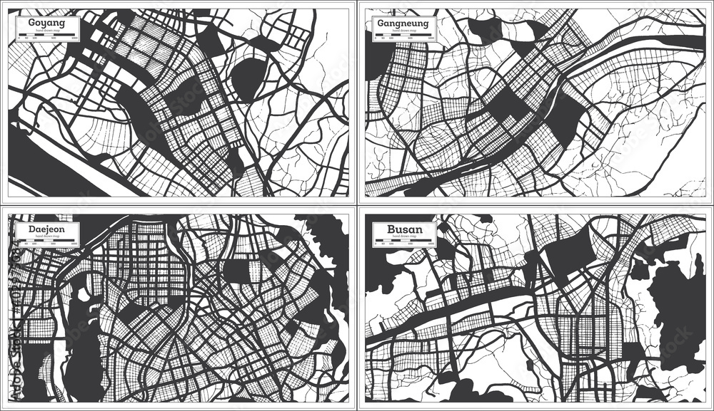 Daejeon, Gangneung, Busan and Goyang South Korea City Maps Set in Black and White Color in Retro Style.