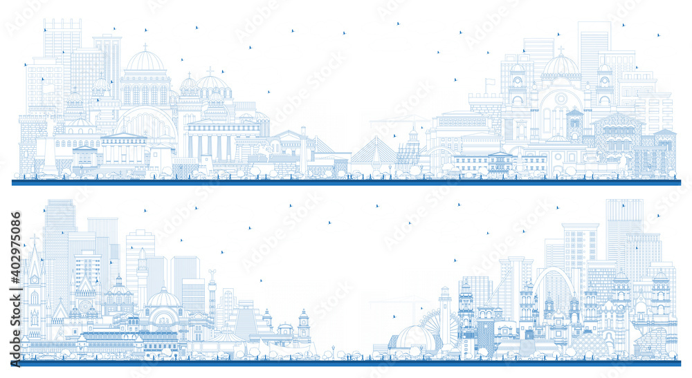 Outline Welcome to Greece and Mexico City Skylines Set with Blue Buildings.