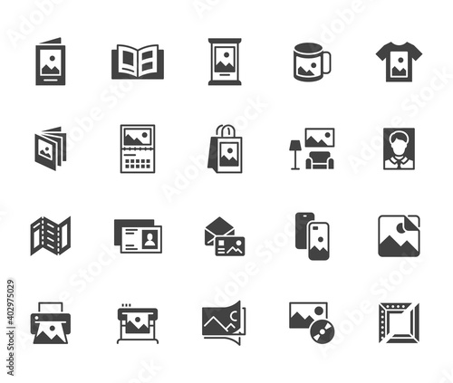 Photo printing flat icon set. Brand identity printed on products like brochure, banner, mug, plotter black silhouette vector illustrations. Simple glyph signs for polygraphy