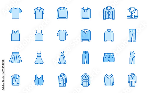 Clothing line icon set. Dress, polo t-shirt, jeans, winter coat, jacket pants, skirt minimal vector illustrations. Simple outline signs for fashion application. Blue color, Editable Stroke