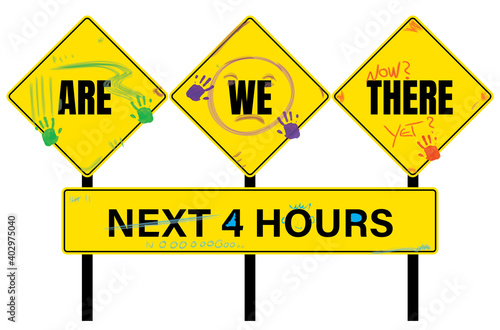 Are we there yet? Road traffic alert sign with colorful fingerprints, hand drawings, scribbles and text. Funny concept on parents traveling with kids. Or how to avoid fights and boredom on road trips