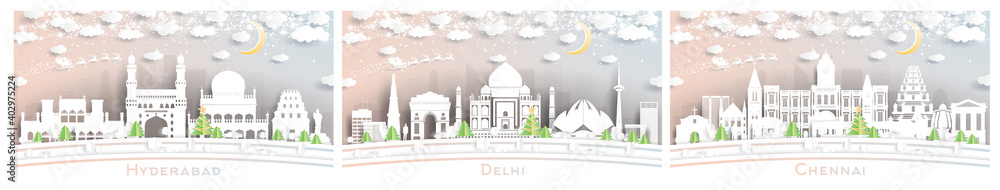 Delhi, Chennai and Hyderabad India City Skyline Set in Paper Cut Style.