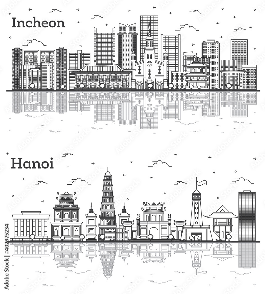 Outline Hanoi Vietnam and Incheon South Korea City Skylines Set with Modern Buildings and Reflections Isolated on White.