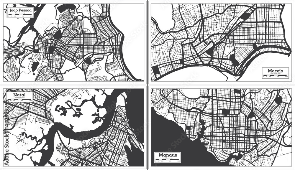 Natal, Maceio, Manaus and Joao Pessoa Brazil City Maps Set in Black and White Color in Retro Style.