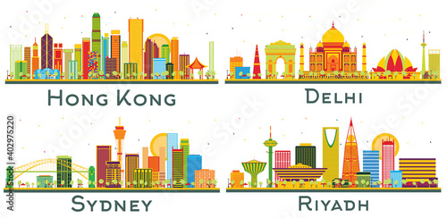 Canvas Print Sydney Australia, Delhi India, Riyadh Saudi Arabia and Hong Kong China City Skylines Set