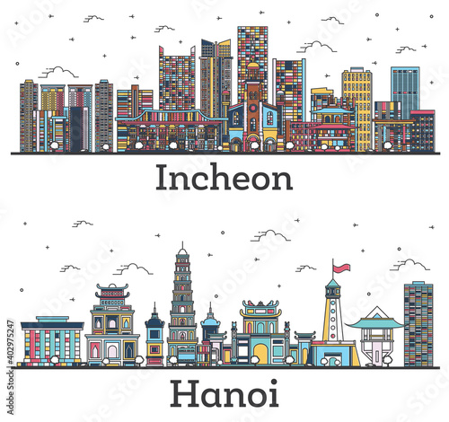 Outline Incheon South Korea and Hanoi Vietnam City Skylines Set with Color Buildings Isolated on White.
