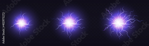 Electric ball, round lightning, blue thunderbolt circles of small, medium and large size. Magic energy strike, plasma sphere, powerful electrical isolated discharge dazzle, Realistic 3d vector set