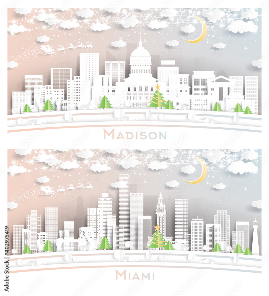 Miami Florida and Madison Wisconsin City Skyline Set.