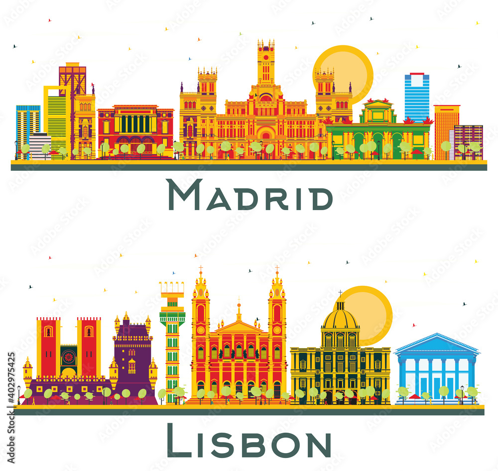 Lisbon Portugal and Madrid Spain City Skyline Set.